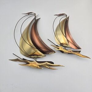 Mid Century Modern Brass Sailboat Wall Art Sculpture Set MCM Nautical Decor